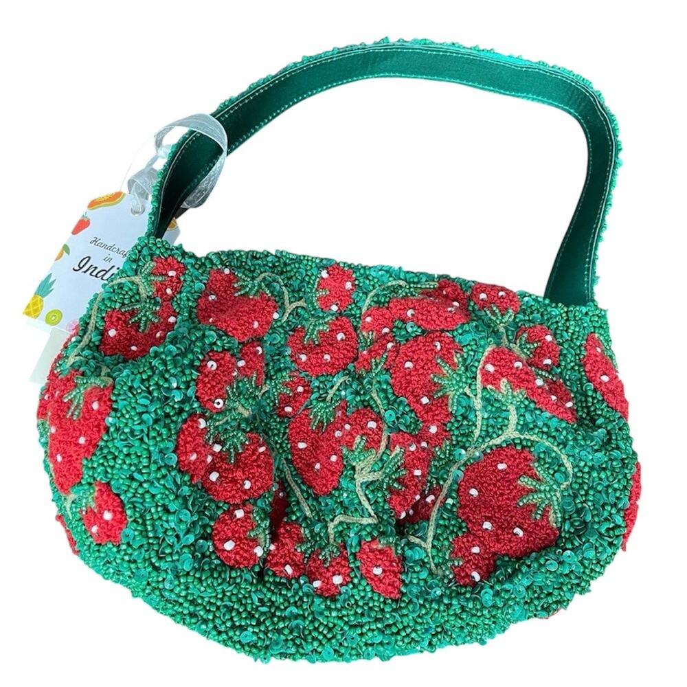Beaded Strawberry Bag Handbag Green w/ Red Strawberries Purse NEW Made in India